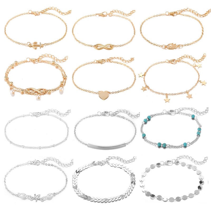 Softones 12-16Pcs Ankle Bracelets for Women Gold Silver Two Style Chain Beach Anklet Bracelet Jewelry Anklet Set,Adjustable Size - Image 1
